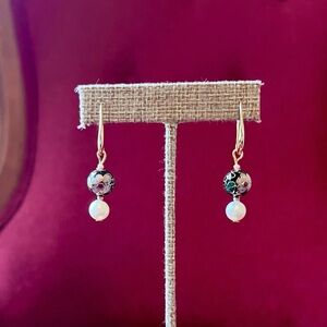 Handmade 18k Gold Plated Cloisonné & Pearl Drop Earrings